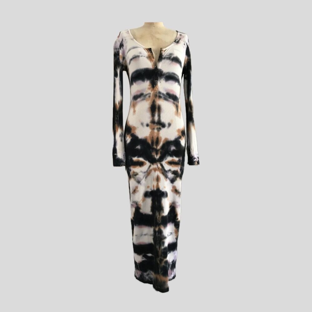 Young Fabulous Broke Black Brown Tie Dye Cotton Ribbed Knit Midi Dress Womens XS